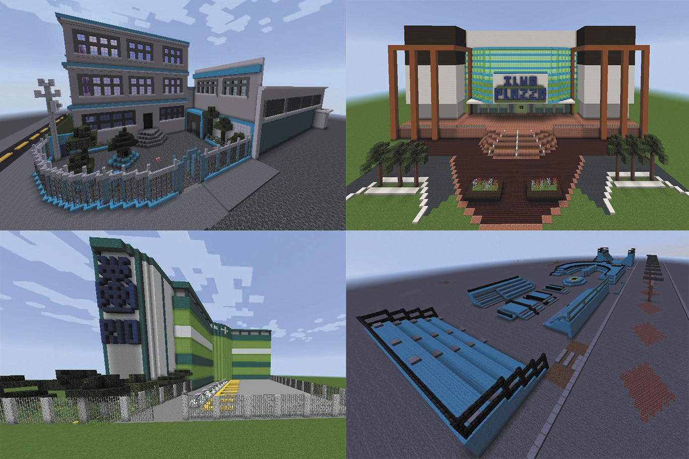 Colégio Estadual Tia Lavor, o Ilha Plaza Shopping, o Hospital Evandro freire e a pista de skate do Cocotá reproduzidos no game Minecraft