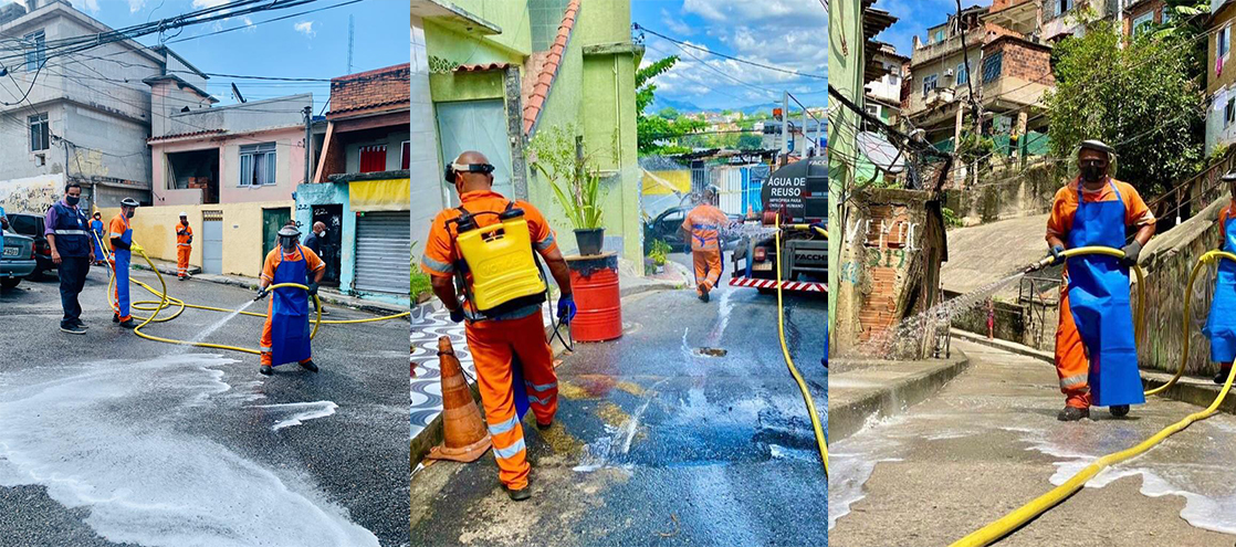 Na terça (31) o subprefeito Rodrigo Toledo e seu chefe de gabinete, Marcelo Salim, coordenaram as ações da Comlurb durante sanitização de ruas no Guarabu, medida importante para garantir a saúde da população