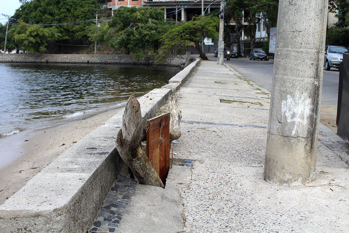 Buraco na Praia da Bandeira fechado com troncos