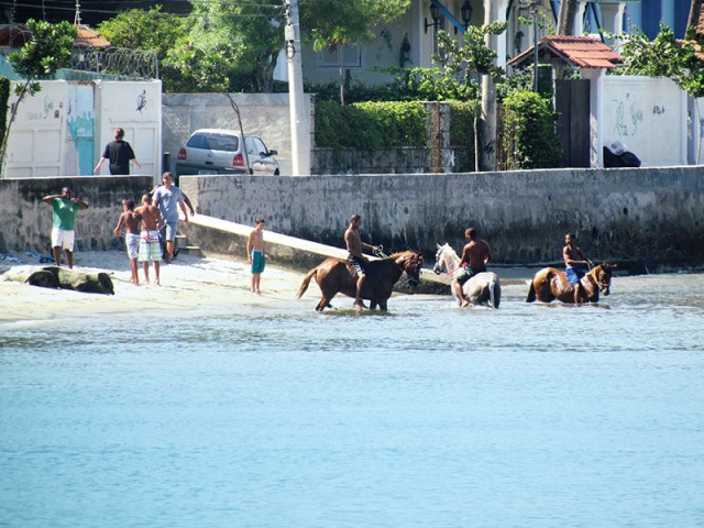 Jovens se divertem com cavalos nas areias e nas águas da Praia da Bandeira. O perigo para os banhistas é a transmissão de doenças com a contaminação das areias pela urina e fezes dos cavalos