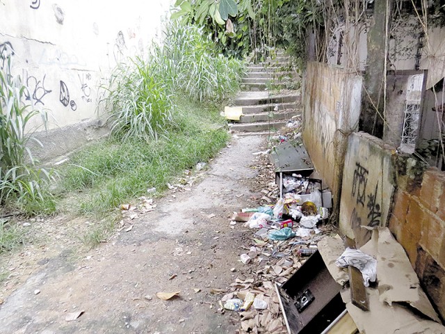 Lixo e mato na escadaria que liga a Estrada da Cacuia e a Bárbara de Castilho